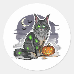 Sticker Rond Zombie Maine Coon - Chat d'Halloween Éffrayant