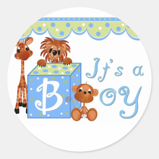 Sticker Rond Zoo Animaux C'est un garçon Baby Annoucienne Carte (Devant)