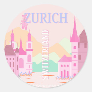 Sticker Rond Zurich Travel Art, Suisse, Pink Retro Travel