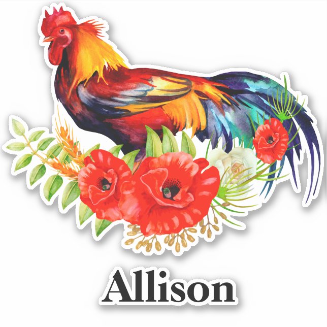 Sticker Rooster avec des pavots Nom personnalisé (Devant)