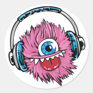 Sticker Rosa Musik-Monster mit Kopfhörern