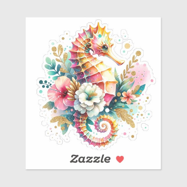 Sticker Rose, Bleu et Or Seahorse Côtière Plage (Feuille)