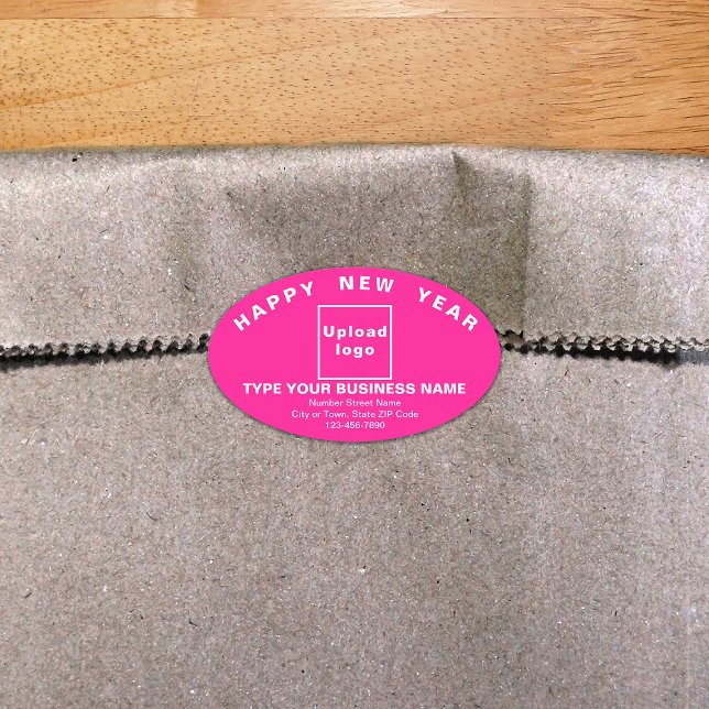 Sticker rose ovale du Nouvel An (New Year greeting with your business brand on pink oval shape sticker.)