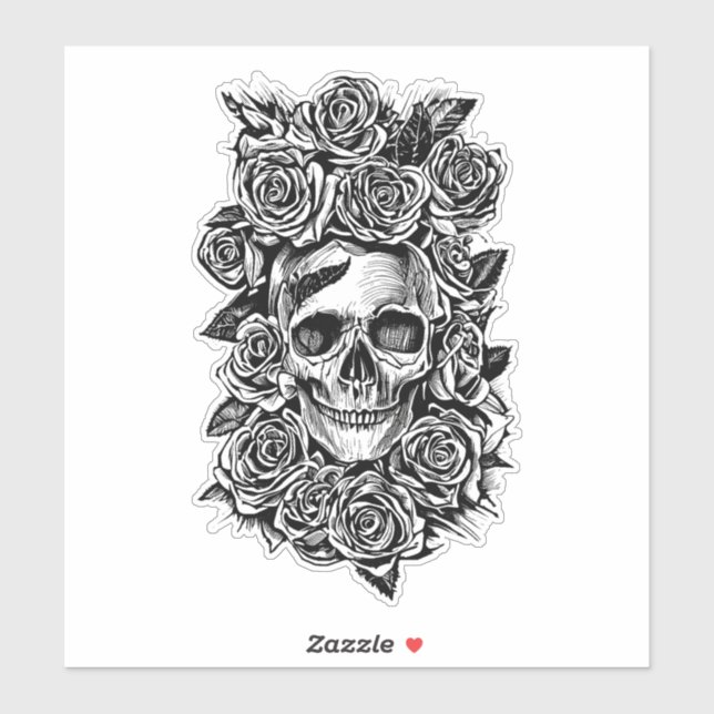 Sticker Roses du crâne humain Goth Biker Illustration d'ar (Feuille)