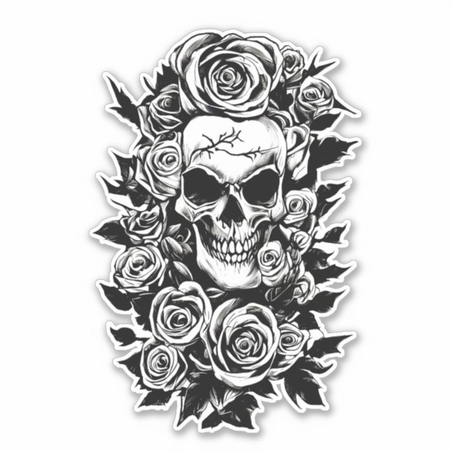 Sticker Roses du crâne humain Goth Dessin original à l'enc (Devant)