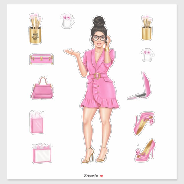 Sticker Roses Haute Mode Brunette Femmes Planner Décors (Feuille)