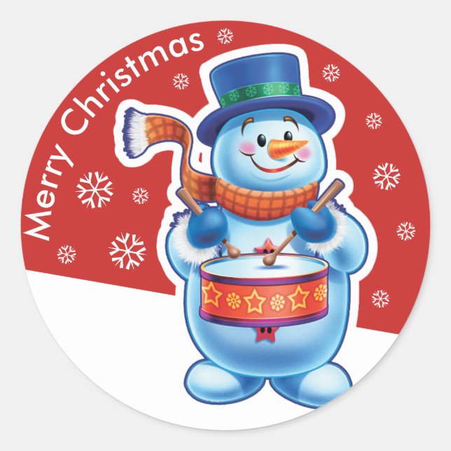 sticker rouge de Noël rond Snowman batteur. (Devant)