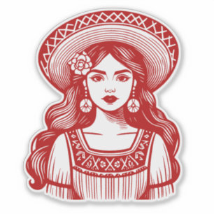 Sticker rouge Mujer Mexicana Minimal Line Art