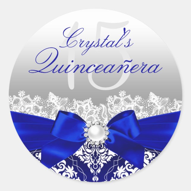 Sticker Royal Blue Damask & Pearl Bow Quinceanera (Devant)