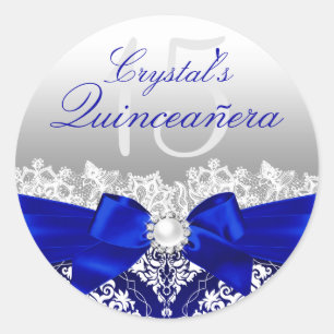 Sticker Royal Blue Damask & Pearl Bow Quinceanera
