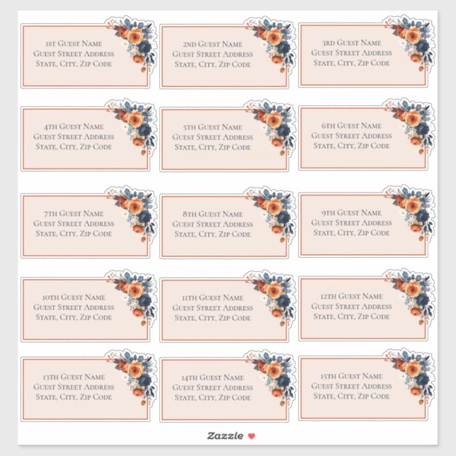 Sticker Rustic Burnt Orange & Blue Mariage Adresse d'hôte (Feuille)