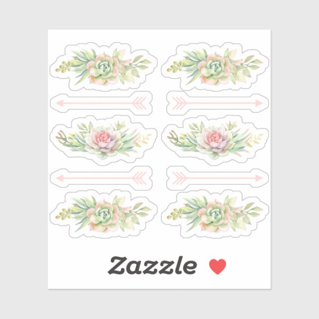 Sticker Rustique Aquarelle Succulente Flèches Boho Scrapbo (Feuille)