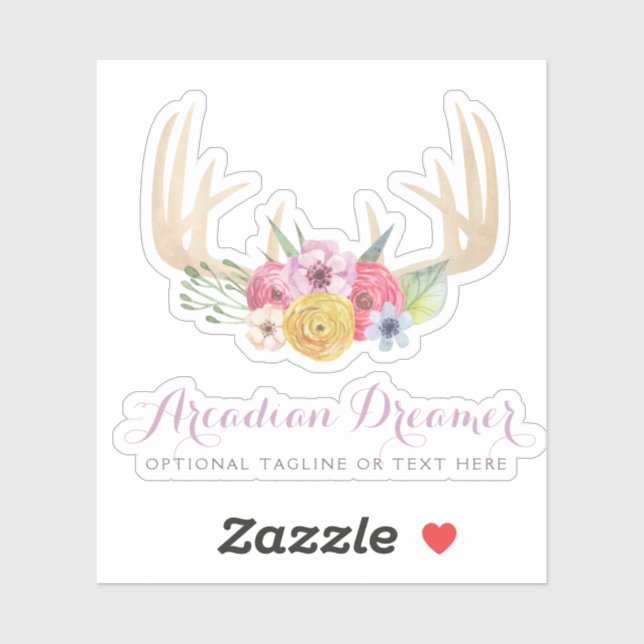 Sticker Rustique Floral Antlers Pastel Aquarelle Nom Logo (Feuille)