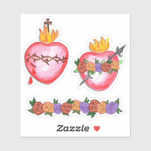 Sticker Sacré et Immaculé Roses de coeur (Feuille)