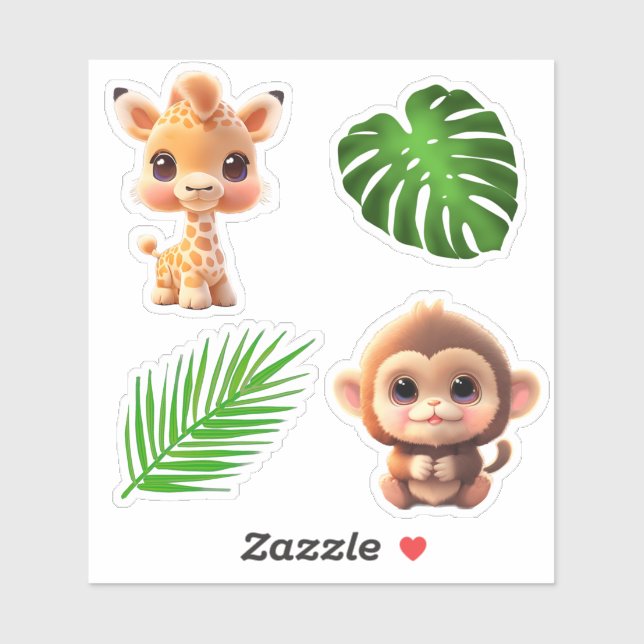 Sticker Safari amis tigre girafe zèbre singe éléphant (Feuille)