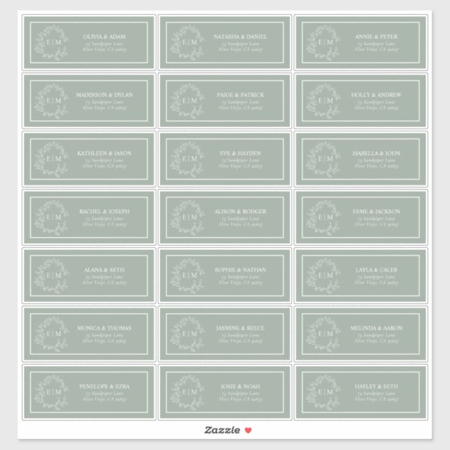 Sticker Sage Green Leafy Crest Monogram Adresse du client (Feuille)