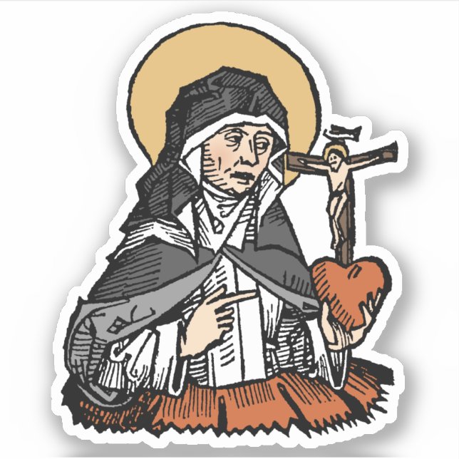 Sticker Sainte Catherine de Sienne avec Coeur Crucifix (Devant)