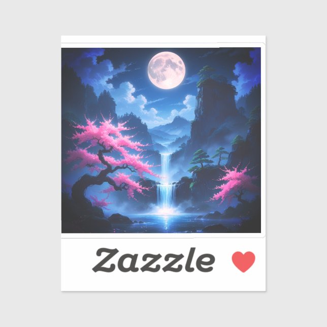 Sticker Sakora tree -Moonlit Waterfall with Cherry-nature (Feuille)