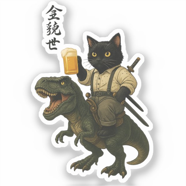 Sticker Samurai Cat with Beer & T-Rex | Retro Japanese Art (Recto)