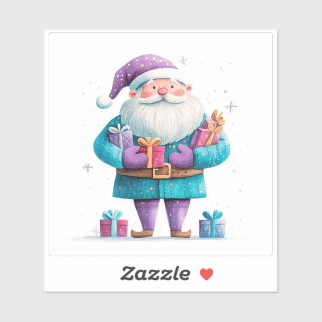 Sticker Santa Cheerfully Delivers Christmas Gifts (Feuille)