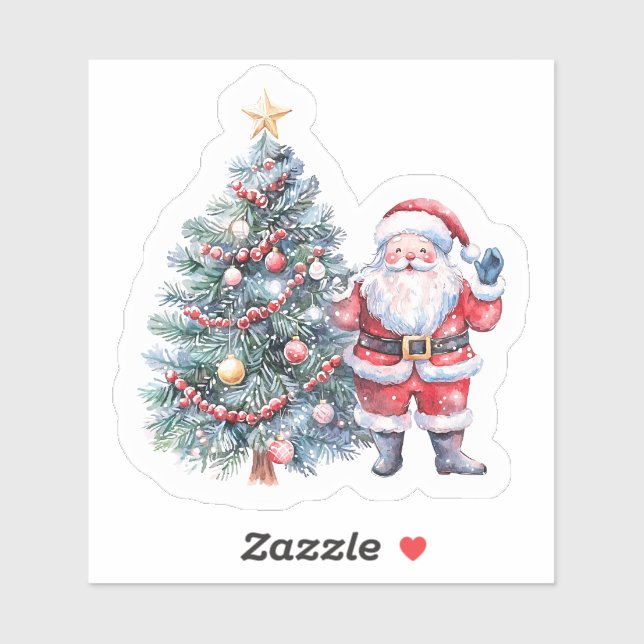 Sticker Santa With Tree in Snowy Scene (Feuille)