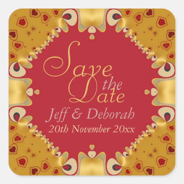 Sticker Save the Date für Gold und Rote Herzen (Vorderseite)