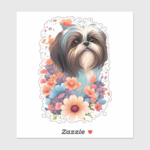 Sticker Shih Tzu Aquarelle Cute Floral Chien Amoureux des