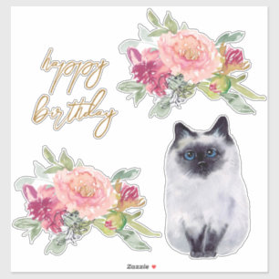 Sticker Siamese Cat Illustration joyeuse fête de fille d'a