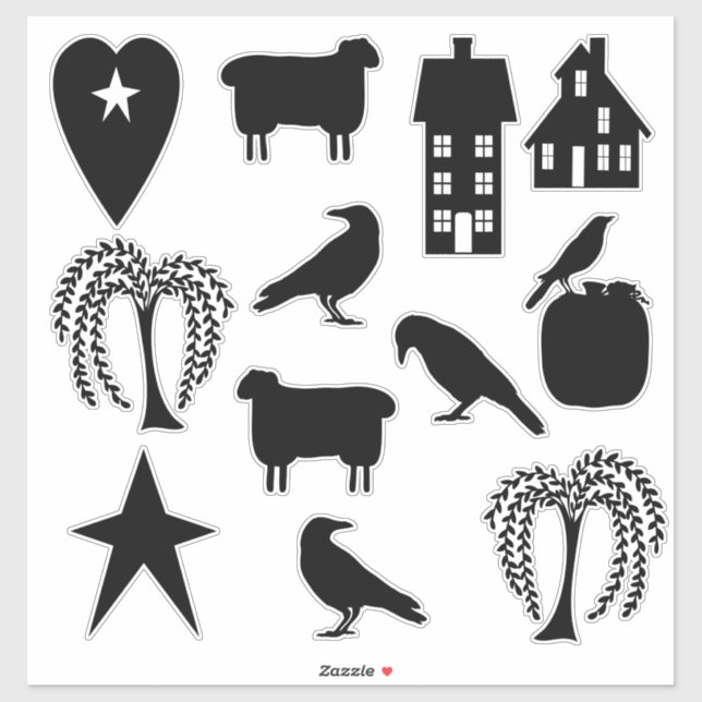 Sticker Silhouettes Prim Crows Saltbox Maisons et arbres (Feuille)
