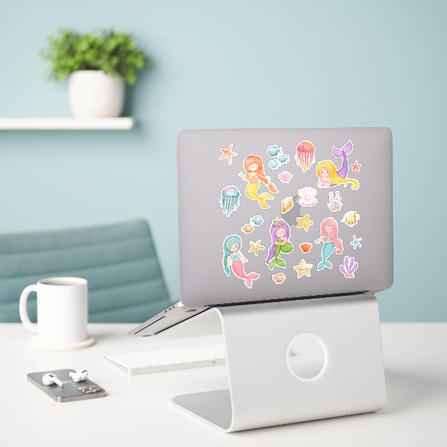 Sticker Sirène D'Aquarelle Sous La Mer (Ordinateur portable sur le bureau)