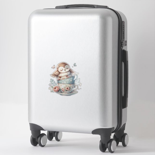 Sticker Sleeping Owl in Stacked Floral Teacups (Sur valise)