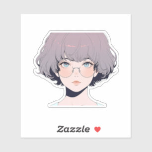 Sticker Soft Pastel Anime Girl avec lunettes