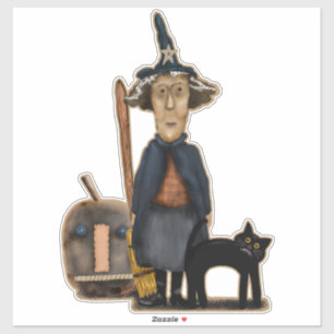 Sticker Sorcière Prim avec Citrouille Broom Chat Cute Hall