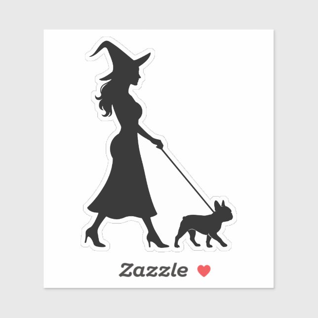 Sticker Sorcière promenant Frenchie (Feuille)