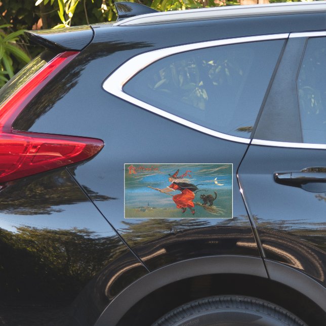 Sticker Sorcière volant avec chat noir la nuit d'Halloween (Coté voiture)