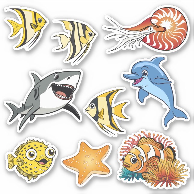 Sticker Sous les animaux marins, dessin sous l'océan (Devant)