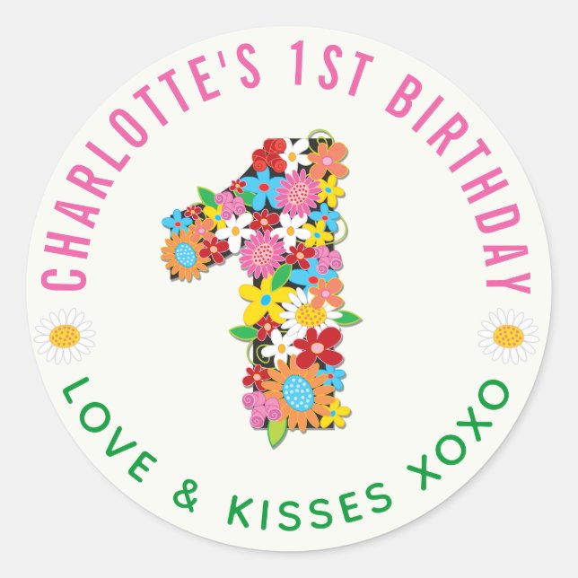 Sticker Spring Flowers One Girl 1st Birthday Party (Devant)