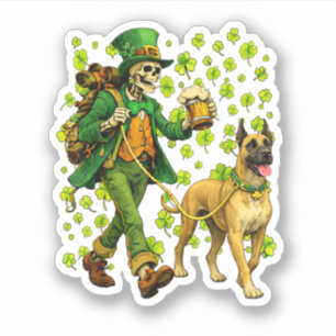 Sticker Squelette drôle marchant avec un Grand Danois amat