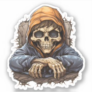 Sticker Squelette Ennuyé Assis En Cool Forêt Squelette