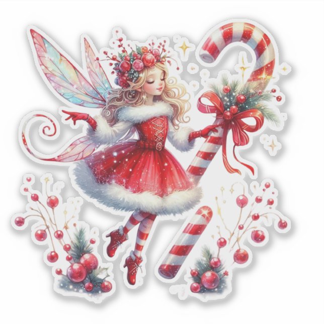 Sticker Sucre de canne blanc rouge fée de Noël (Devant)