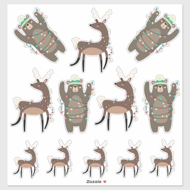 Sticker Super mignon Ours et rennes Noël (Feuille)