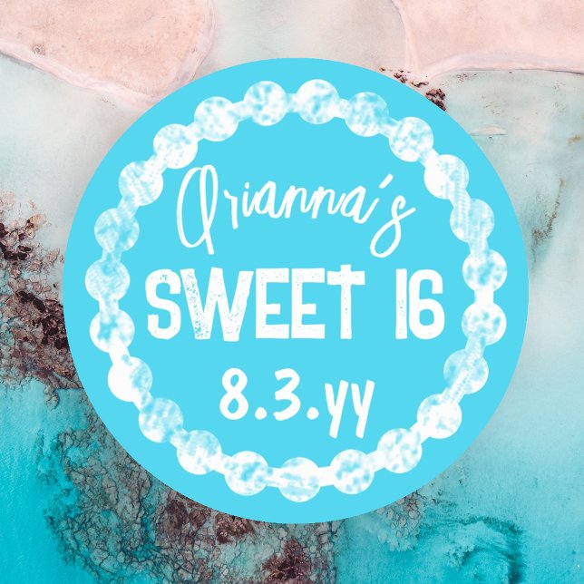 Sticker Sweet 16 Turquoise Party Favor (Turquoise white round border sweet 16 stickers, sweet sixteen party favor stickers )