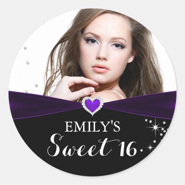 Sticker Sweet sixteen photo au coeur pourpre (Devant)