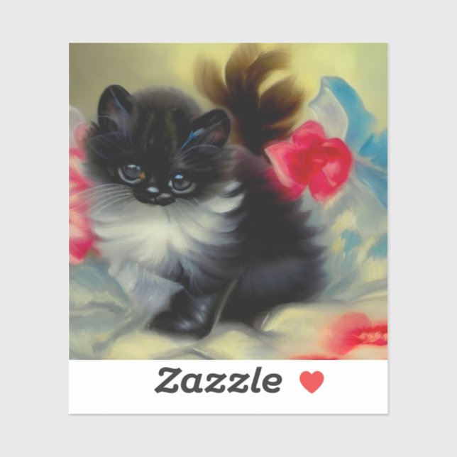 Sticker Tableau vintage de chaton noir et blanc (Feuille)