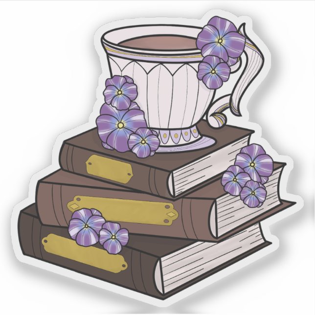 Sticker Tasse à thé et pile de livres (Devant)