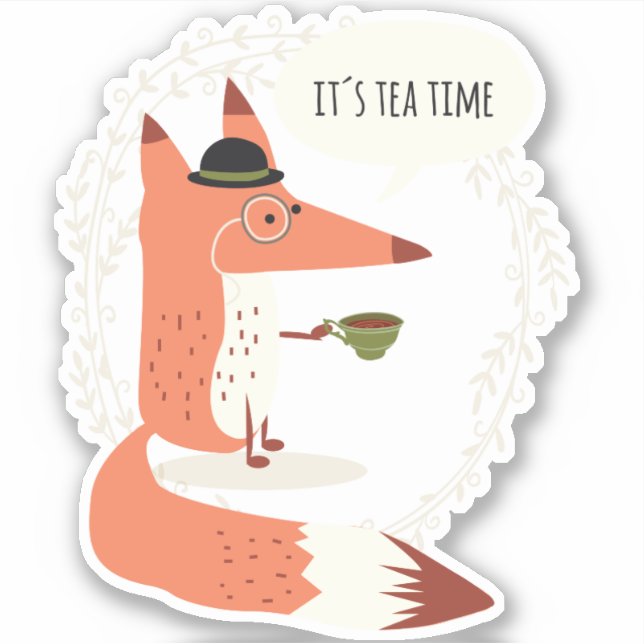 Sticker Tea time fox mignon doodle (Devant)