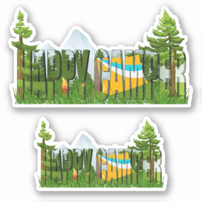 Sticker Tente et arbres forestiers Happy Camper (Devant)