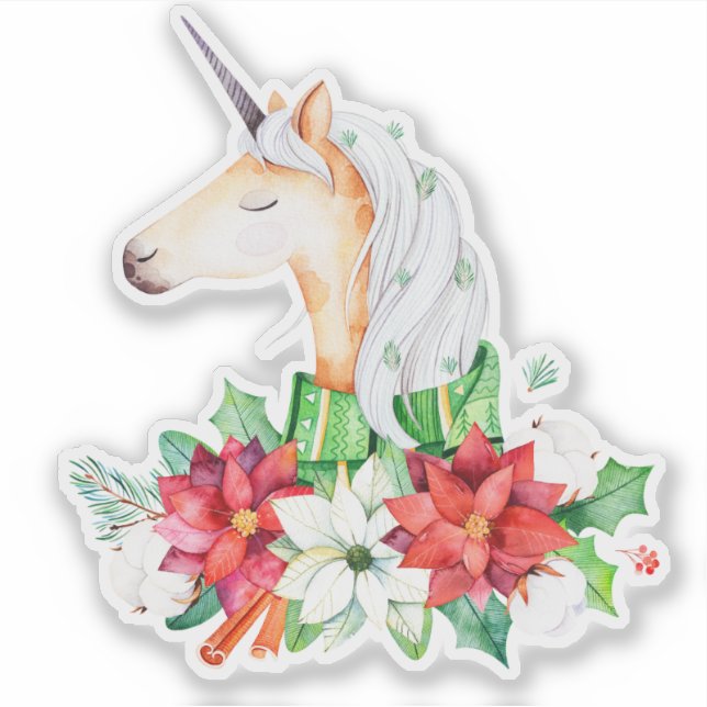 Sticker Tête de la licorne de Noël Poinsettia (Devant)