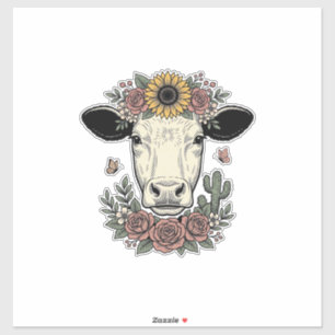 Sticker Tête de vache florale dessin vintage gravure Desig