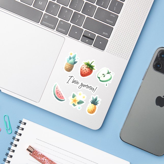 Sticker Texte Personnalisé Cute Fruits Tropicaux Fleurs Pl (Ordinateur portable avec iPhone)